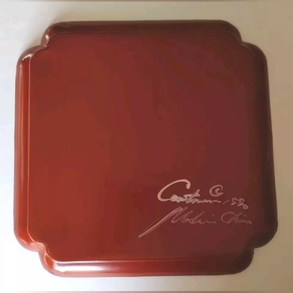 Vintage Hand Painted Butterfly Leaves Red Metal Tray Folk Art Cottagecore SIGNED - Picture 6 of 11